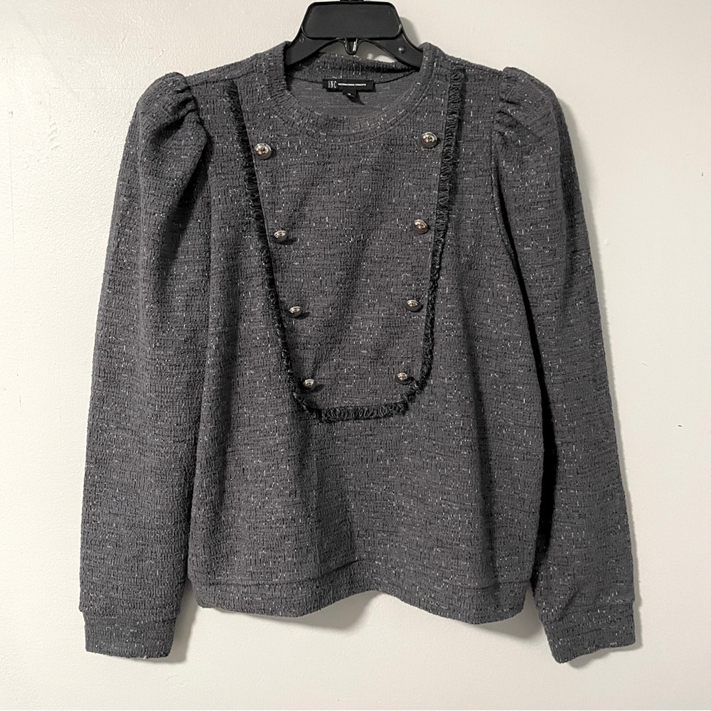 INC International Concepts Gray Tweed Knit Puff‎ Sleeve Top Buttons Fringe L